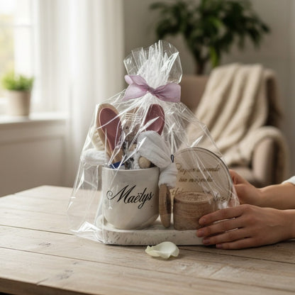 Coffret de naissance - cadeau personnalisé bébé et maman à composer, avec pot et plateau en Jesmonite | Idée cadeau baby shower ou baptême
