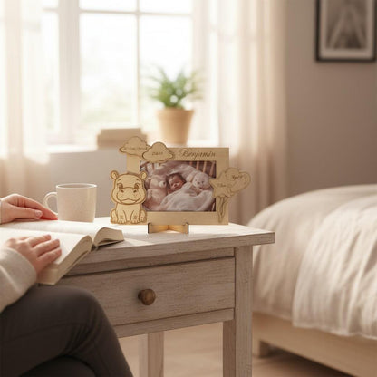 Cadre photo personnalisé en bois gravé – décor animal gravé pour enfant