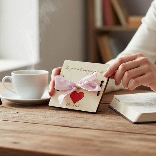 Carte cadeau surprise en bois gravé, décor animal pour enfant