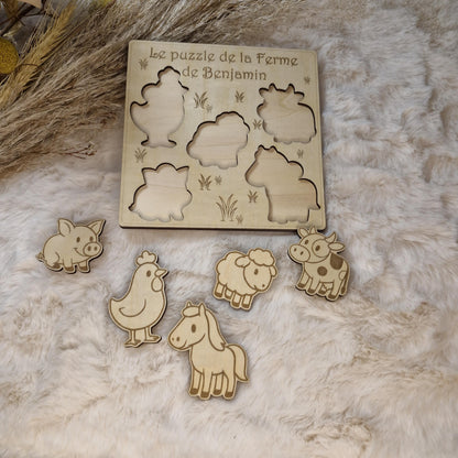 Puzzle bois personnalisé Animaux de la ferme pour enfant bébé, jeu éducatif et d'éveil - Idée cadeau garçon et fille