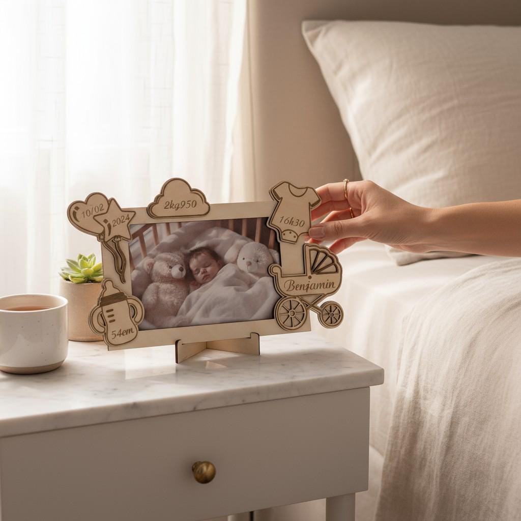 Cadre photo personnalisé en bois gravé – décor biberon et landau pour enfant