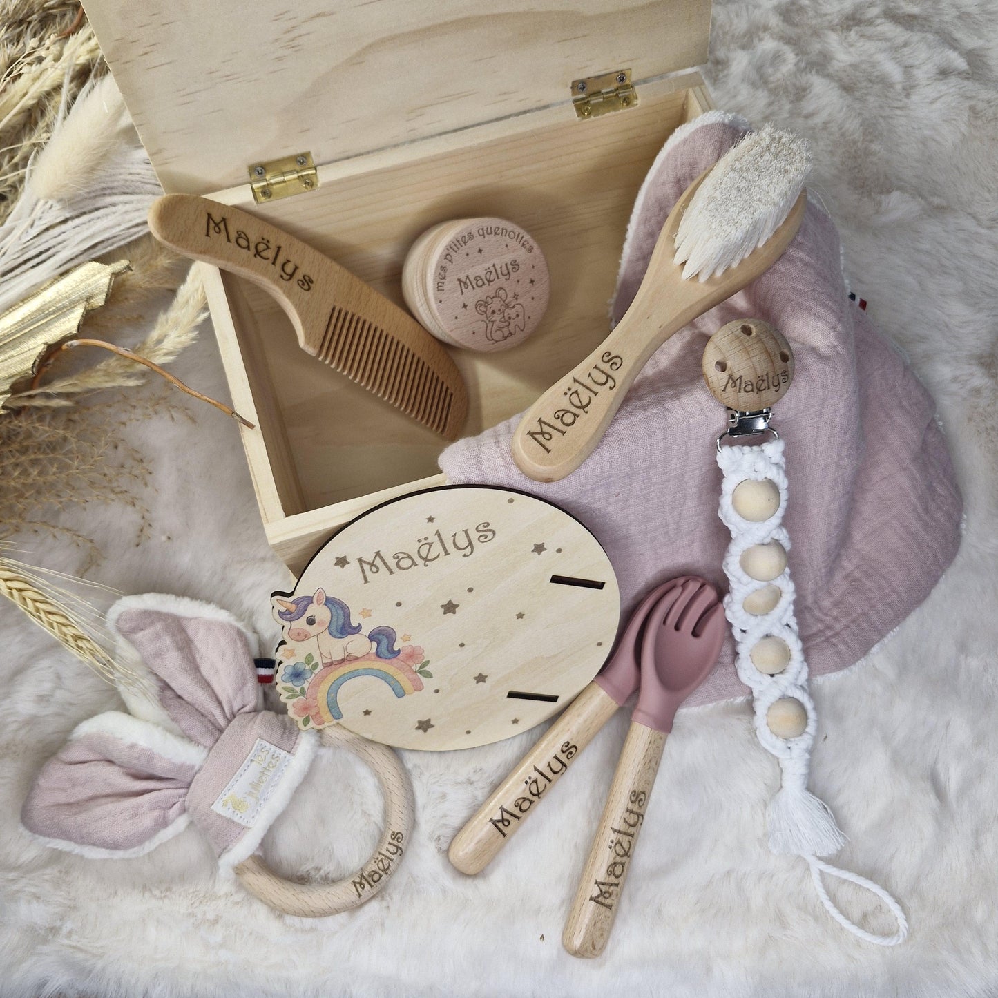 Coffret de naissance personnalisé Licorne  – Cadeau baby-shower surprise bébé
