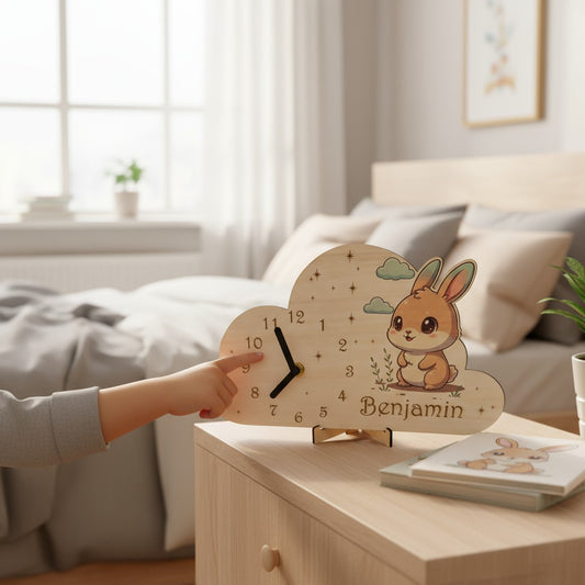 Horloge bois gravée prénom – cadeau naissance ou anniversaire enfant, décor Lapin | Murale ou à poser