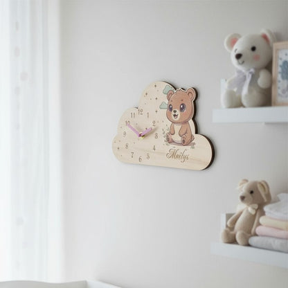 Horloge bois gravée prénom – cadeau naissance ou anniversaire enfant, décor Ourson | Murale ou à poser