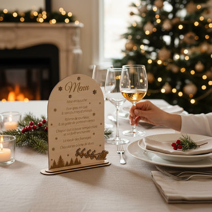Menu de Noël personnalisé, en bois gravé - décor Traîneau