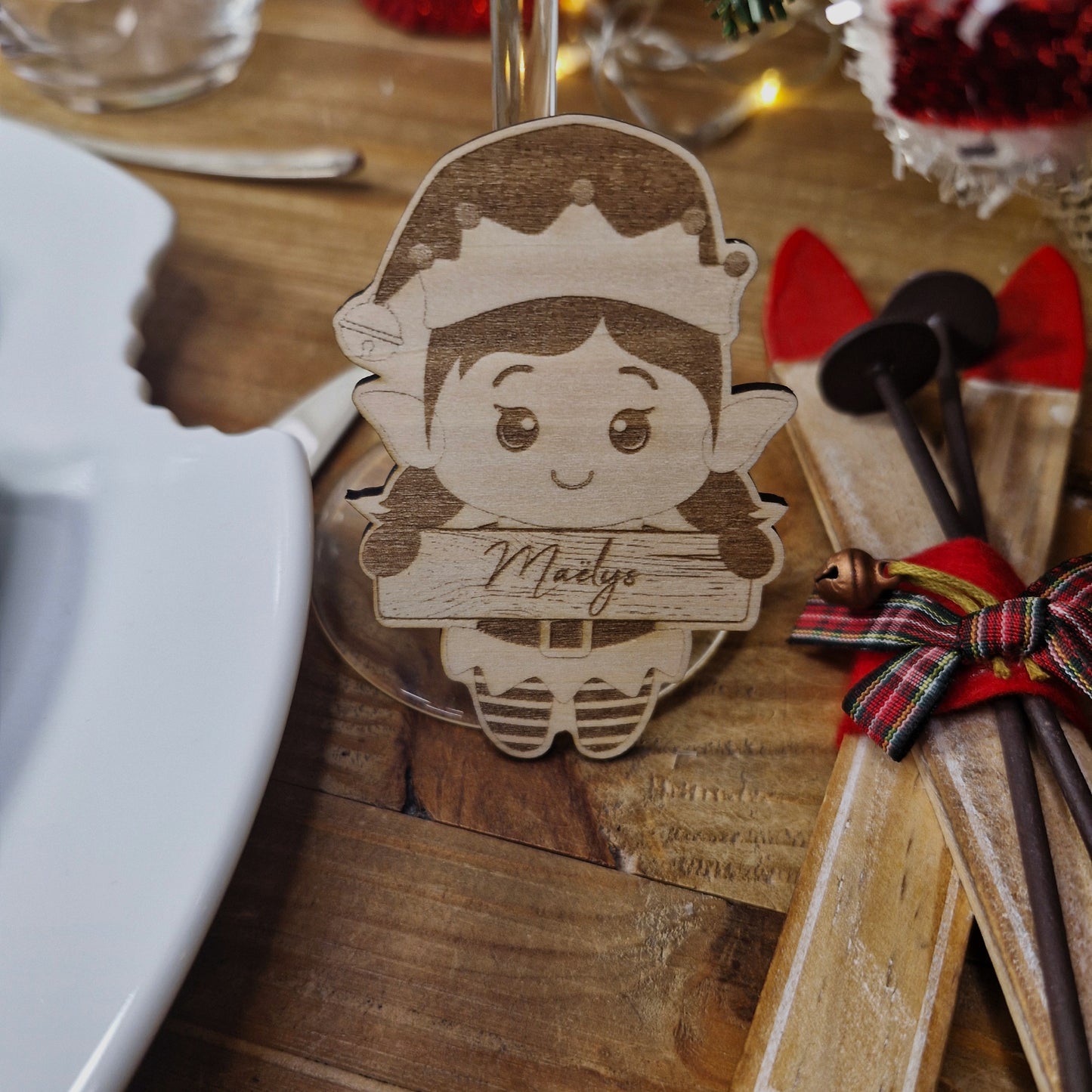 Marque-place de Noël personnalisé en bois - décoration marque place - Lutin