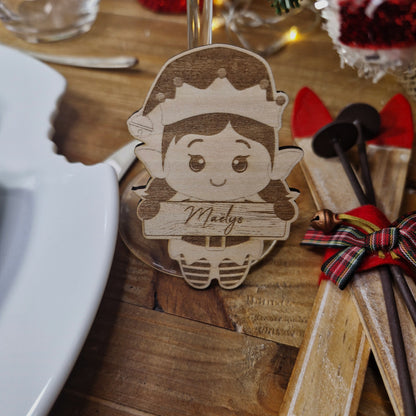 Marque-place de Noël personnalisé en bois - décoration marque place - Lutin
