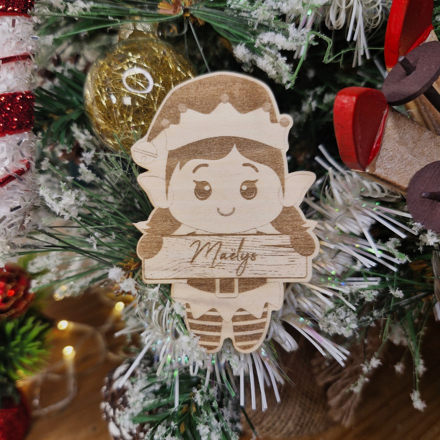 Marque-place de Noël personnalisé en bois - décoration marque place - Lutin