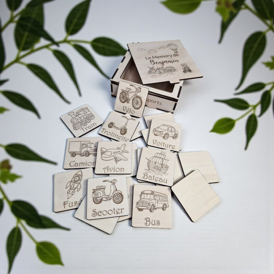 Jeu de mémoire en bois personnalisé - Les Transports | Memory - Idée cadeau enfant