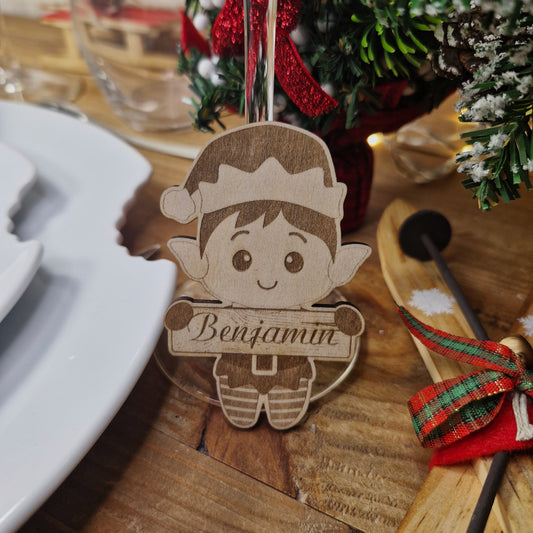 Marque-place de Noël personnalisé en bois - décoration marque place - Lutin