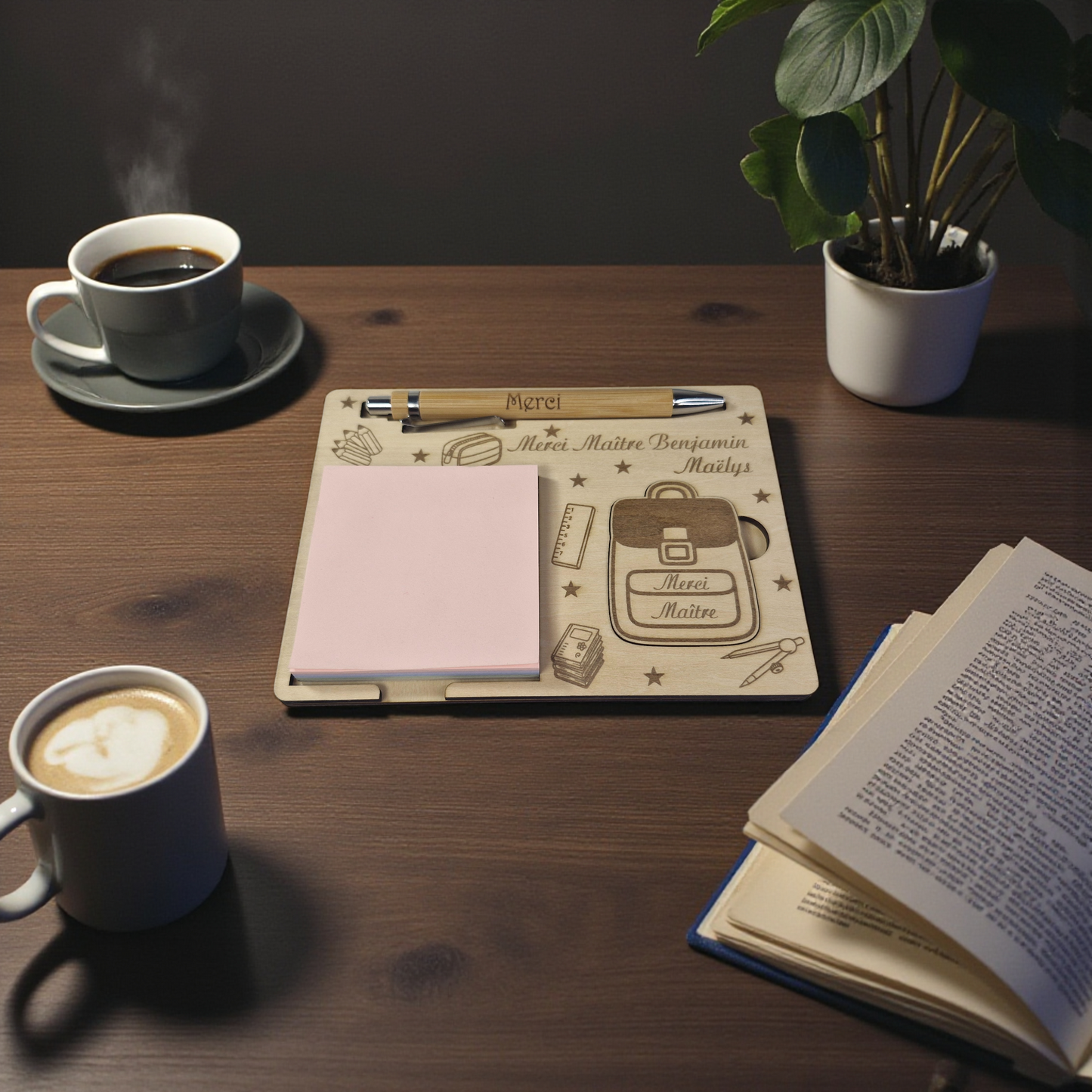 Porte bloc note - support Post-it en bois personnalisé avec crayon | Cadeau maîtresse ou enseignant - décor Cartable