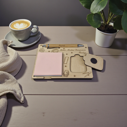 Porte bloc note - support Post-it en bois personnalisé avec crayon | Cadeau maîtresse ou enseignant - décor Cartable