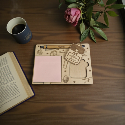 Porte bloc note - support Post-it en bois personnalisé avec crayon | Cadeau maîtresse ou enseignant - décor Cartable