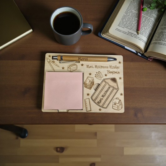 Porte bloc note - support Post-it en bois personnalisé avec crayon | Cadeau maîtresse ou enseignant - décor Crayon