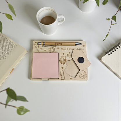 Porte bloc note - support Post-it en bois personnalisé avec crayon | Cadeau maîtresse ou enseignant - décor Crayon